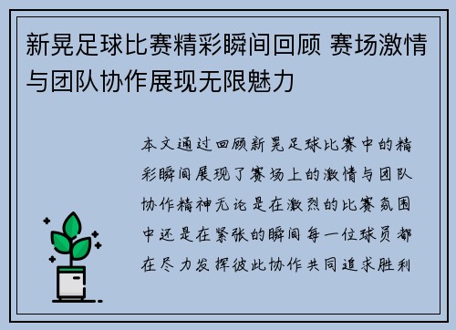 新晃足球比赛精彩瞬间回顾 赛场激情与团队协作展现无限魅力