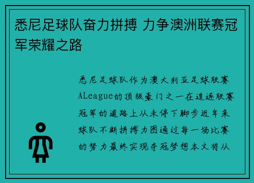 悉尼足球队奋力拼搏 力争澳洲联赛冠军荣耀之路