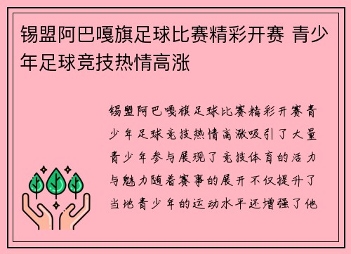 锡盟阿巴嘎旗足球比赛精彩开赛 青少年足球竞技热情高涨