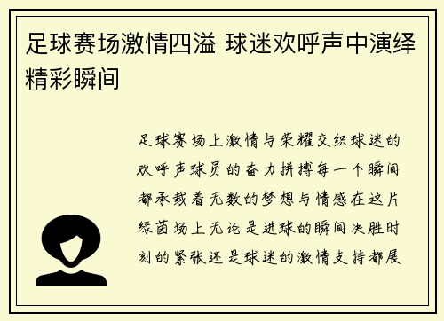 足球赛场激情四溢 球迷欢呼声中演绎精彩瞬间