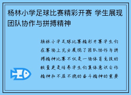 杨林小学足球比赛精彩开赛 学生展现团队协作与拼搏精神