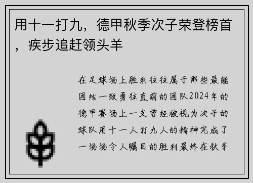用十一打九，德甲秋季次子荣登榜首，疾步追赶领头羊