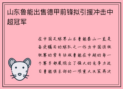 山东鲁能出售德甲前锋拟引援冲击中超冠军