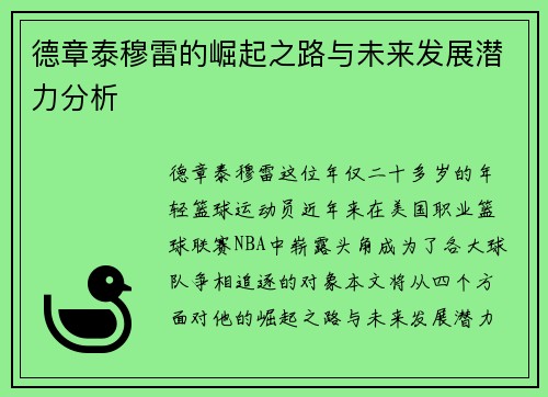 德章泰穆雷的崛起之路与未来发展潜力分析