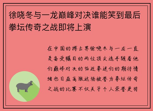 徐哓冬与一龙巅峰对决谁能笑到最后拳坛传奇之战即将上演