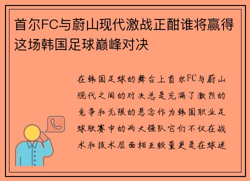 首尔FC与蔚山现代激战正酣谁将赢得这场韩国足球巅峰对决