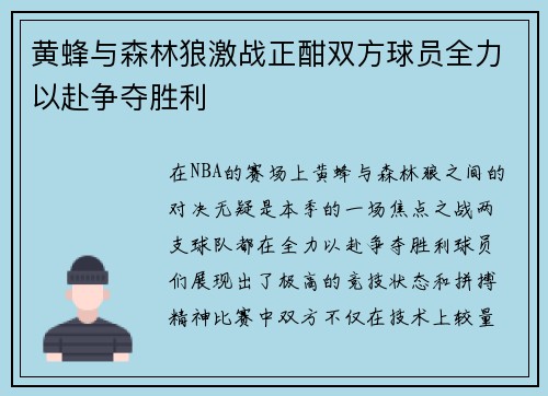 黄蜂与森林狼激战正酣双方球员全力以赴争夺胜利