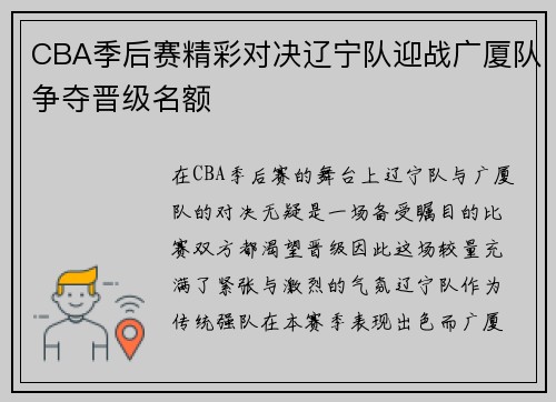 CBA季后赛精彩对决辽宁队迎战广厦队争夺晋级名额