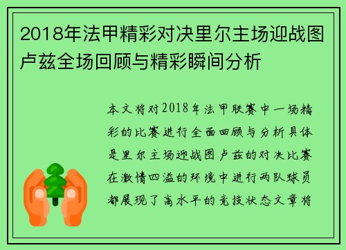 2018年法甲精彩对决里尔主场迎战图卢兹全场回顾与精彩瞬间分析