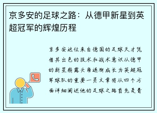京多安的足球之路：从德甲新星到英超冠军的辉煌历程