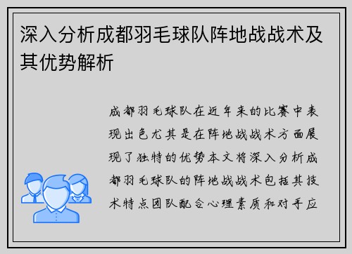深入分析成都羽毛球队阵地战战术及其优势解析