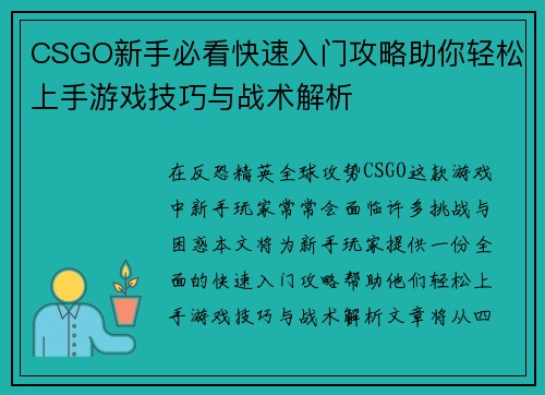 CSGO新手必看快速入门攻略助你轻松上手游戏技巧与战术解析