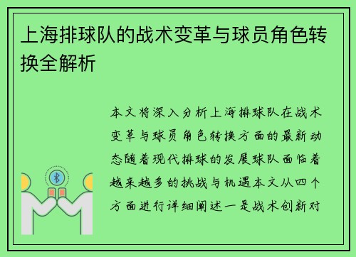上海排球队的战术变革与球员角色转换全解析