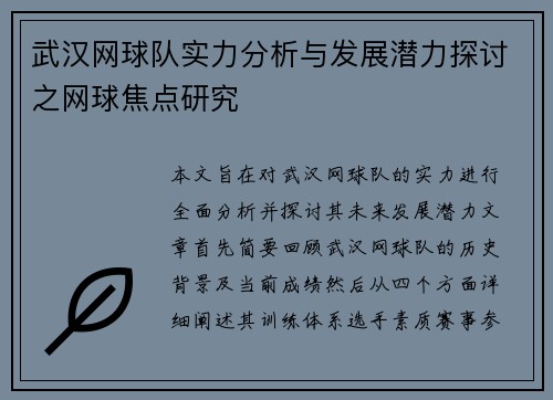 武汉网球队实力分析与发展潜力探讨之网球焦点研究