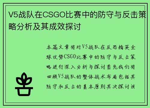 V5战队在CSGO比赛中的防守与反击策略分析及其成效探讨