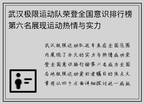 武汉极限运动队荣登全国意识排行榜第六名展现运动热情与实力